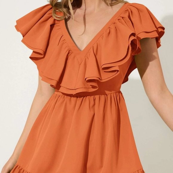 Orange Boho Womens Two Layered Trim Ruffle Hem Dress - Picture 5 of 5